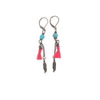 Coral Red Chain Earrings with Amazonite - Gypsy Soul Jewellery