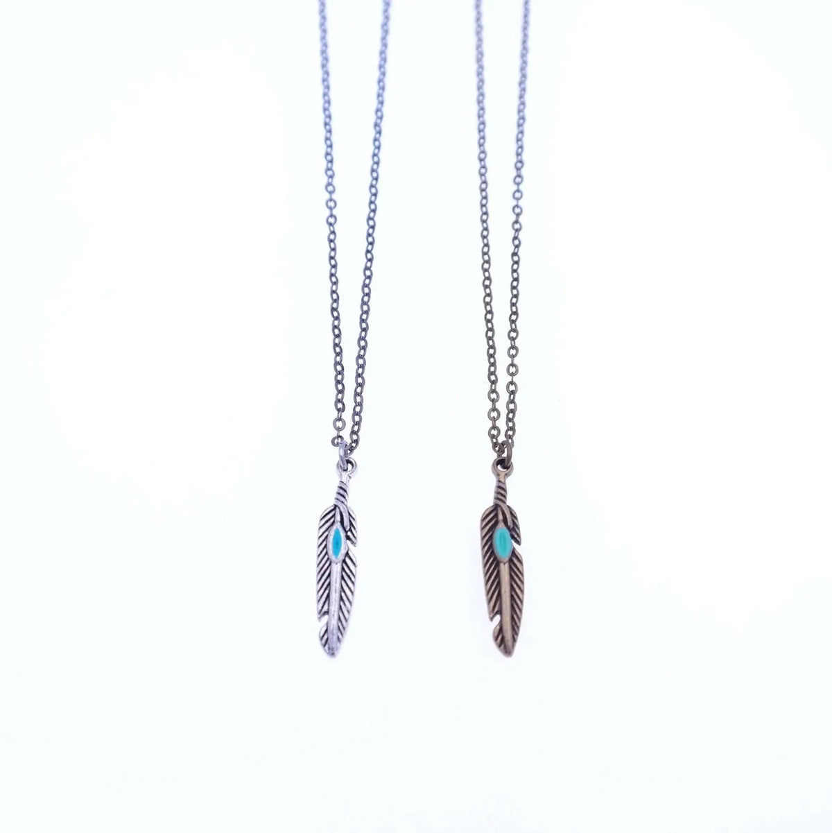 Boho Feather Charm Necklace with Turquoise Detail - antique gold & antique silver - Gypsy Soul Jewellery