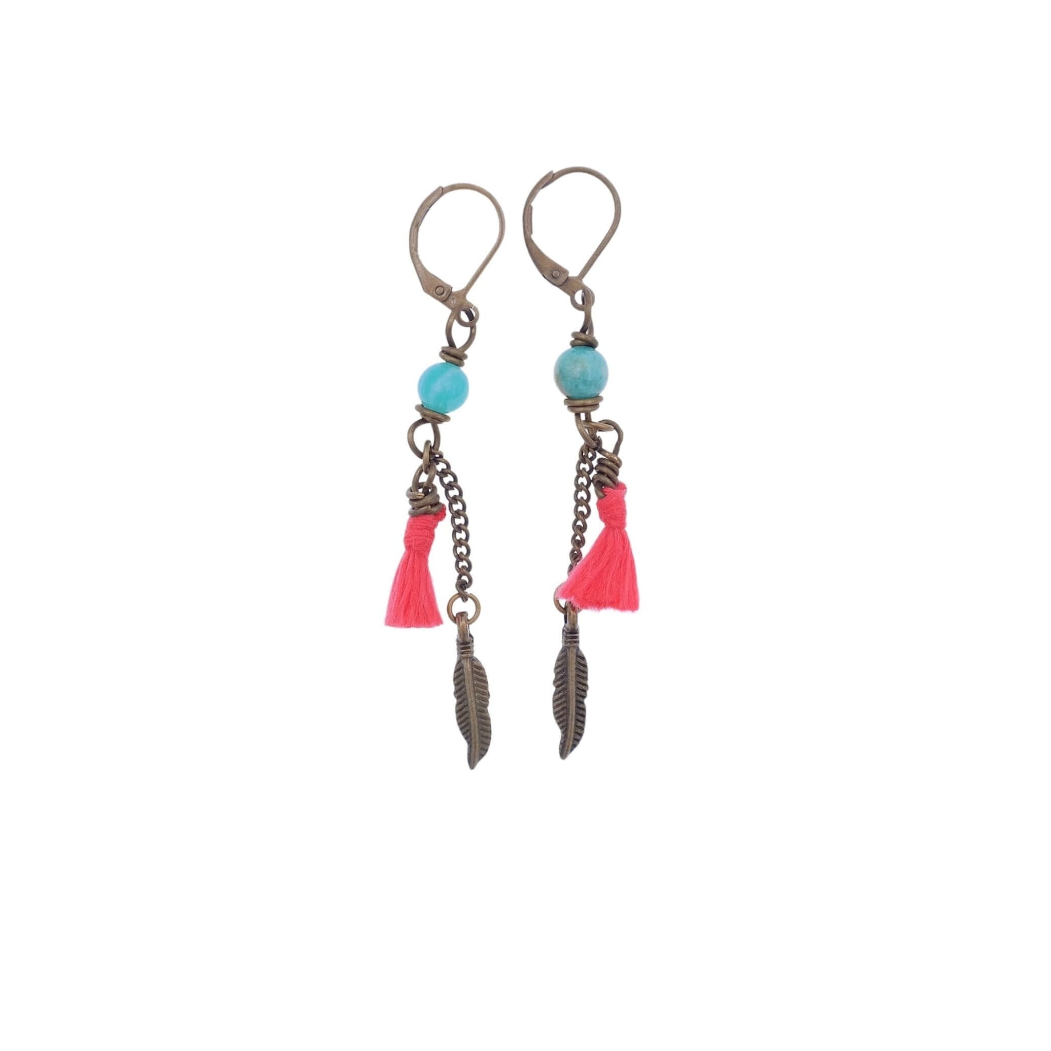 Coral Red Chain Earrings with Amazonite - Gypsy Soul Jewellery