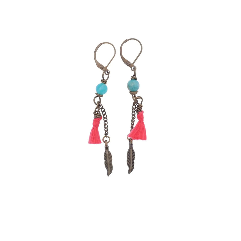 Coral Red Chain Earrings with Amazonite - Gypsy Soul Jewellery