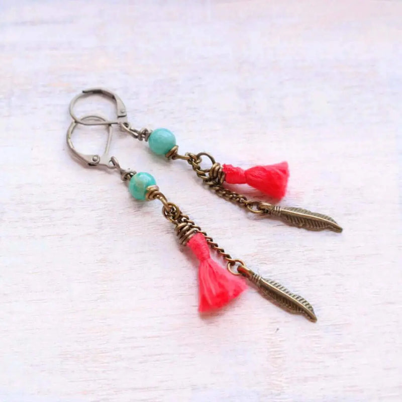 Coral Red Chain Earrings with Amazonite - Gypsy Soul Jewellery