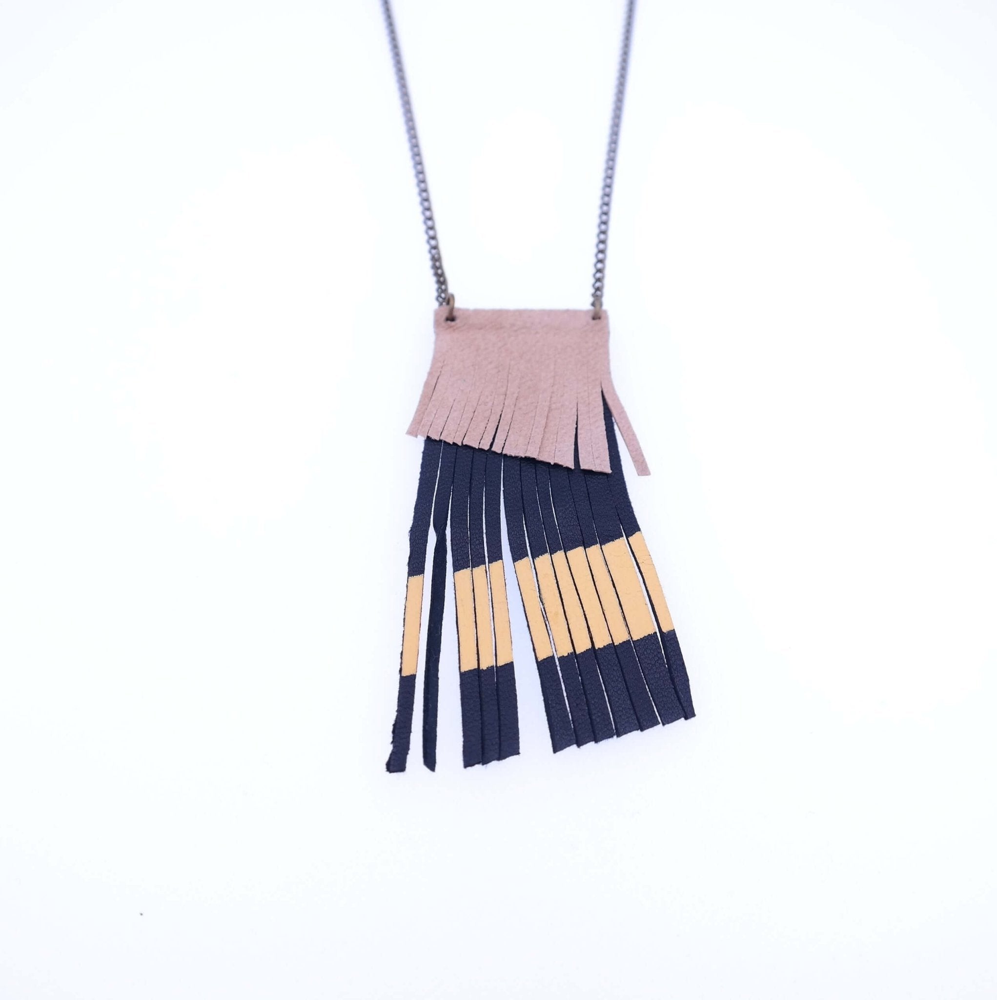 Geometric Leather Fringe Necklace - Coral Red / Nude - Gypsy Soul Jewellery