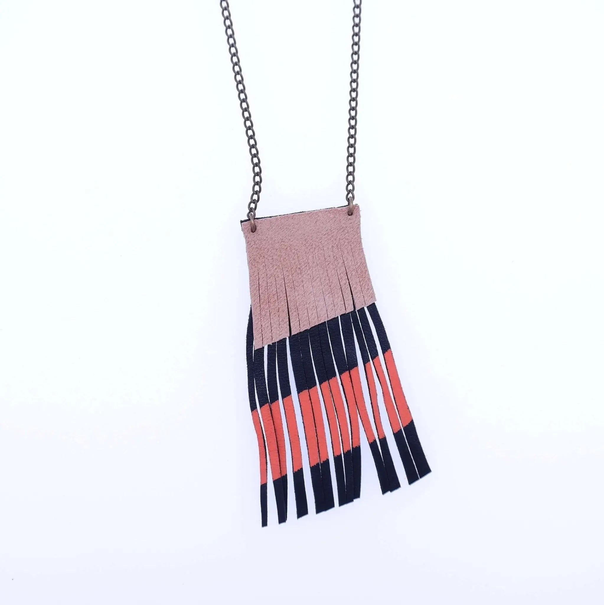 Geometric Leather Fringe Necklace - Coral Red / Nude - Gypsy Soul Jewellery