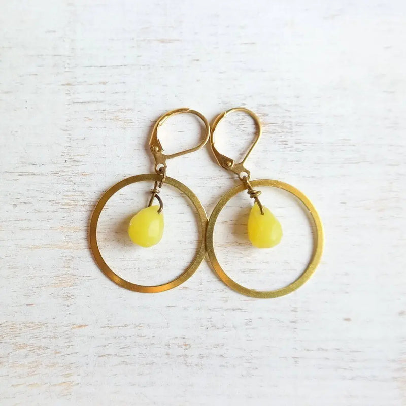 Gold Hoop Earrings with Yellow Jade - Gypsy Soul Jewellery