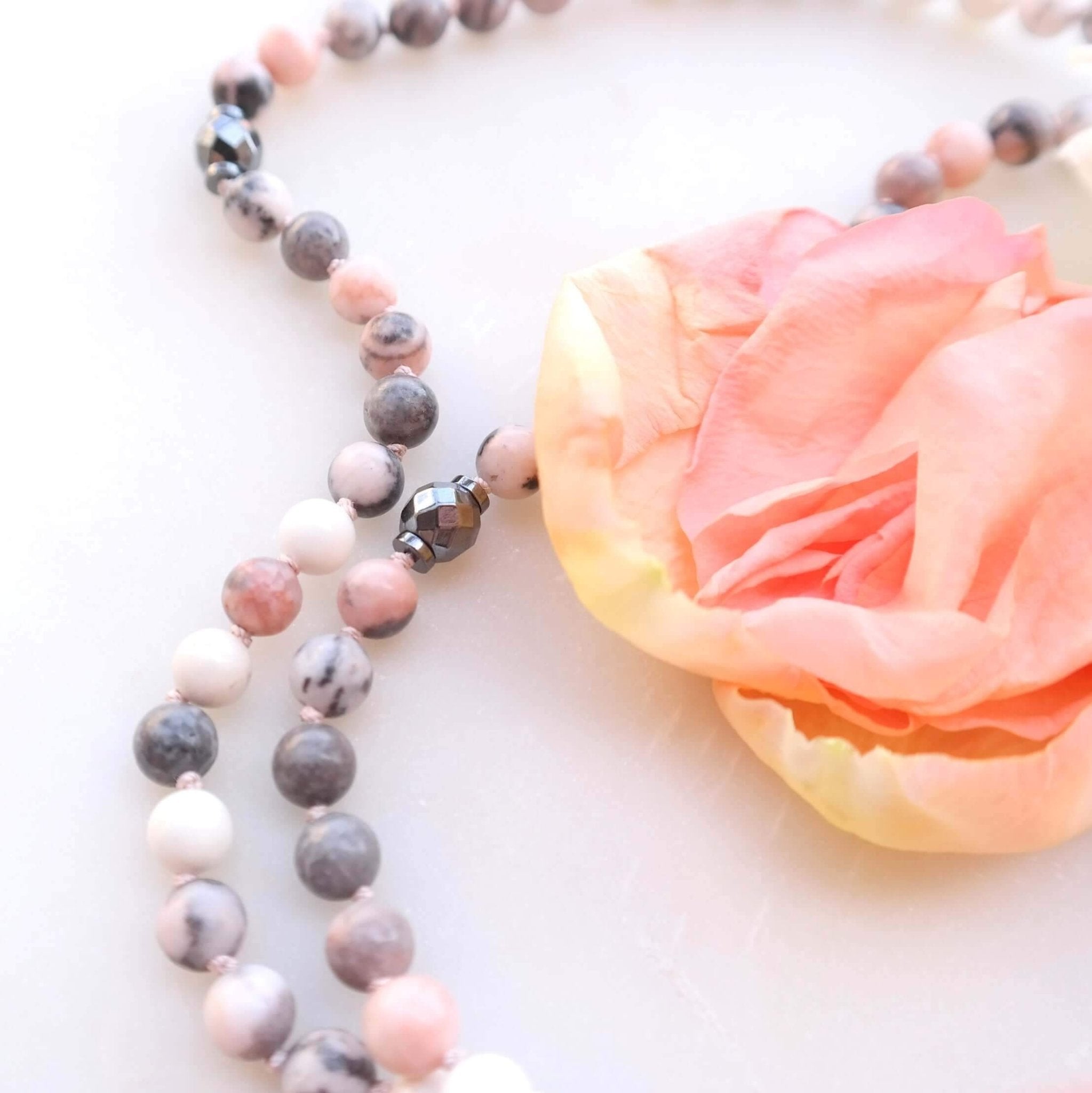 Pink Zebra Jasper Mala Beads - Grounded Mala Necklace - Gypsy Soul Jewellery