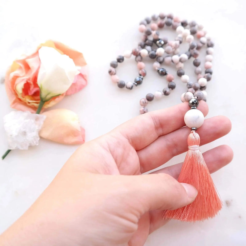 Pink Zebra Jasper Mala Beads - Grounded Mala Necklace - Gypsy Soul Jewellery